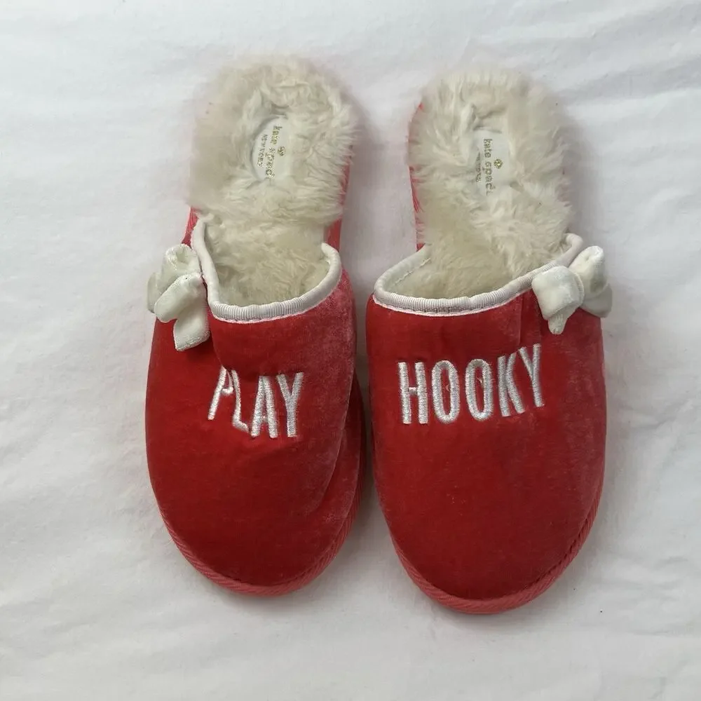 Kate Spade New Play Hooky Pink Velvet Slippers Women’s Size 7 Faux Fur Lining